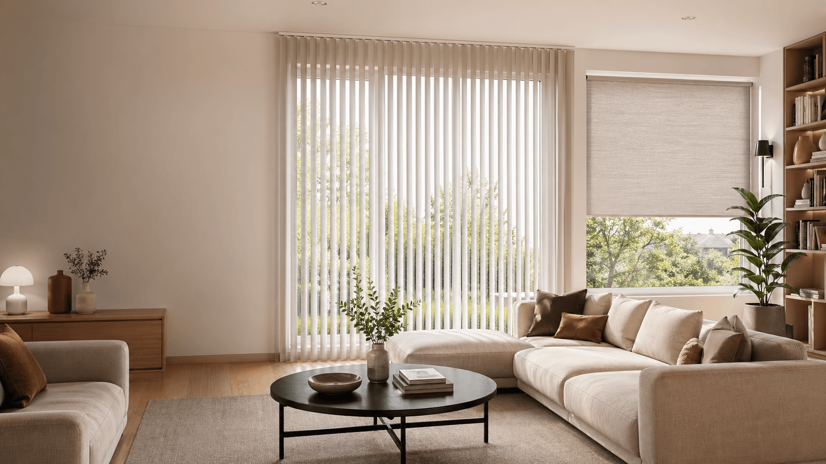 Living luminos cu jaluzele verticale si rolete textile