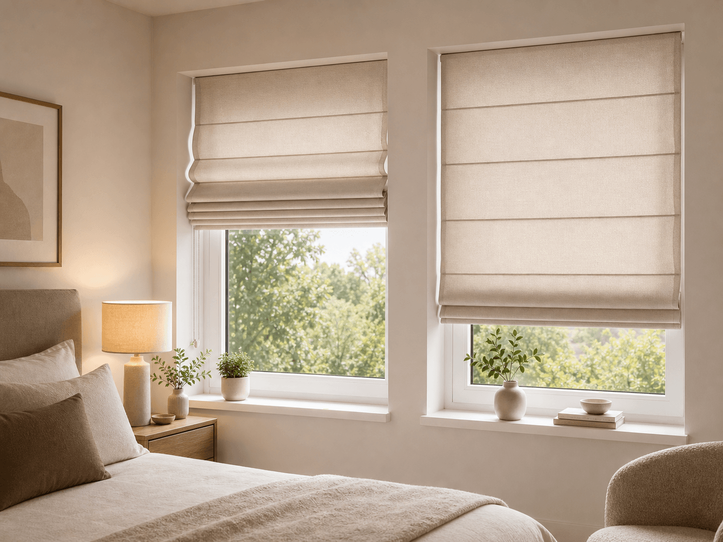 Falduri textile Roman shades montate pe ferestre luminoase